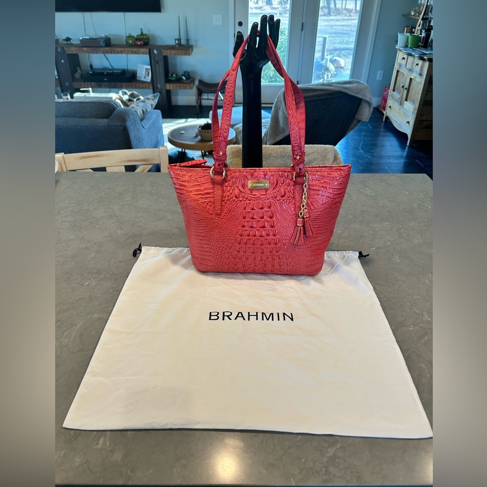 Brahmin Medium Asher Deep Pink Melbourne Leather Croc Embossed Satchel Tassel